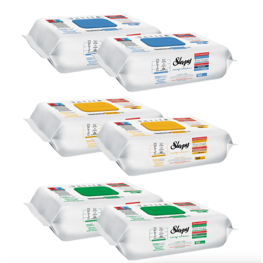 PACHET PROMO – 6× Șervețele Umede Sleepy Easy Clean (Bleach, Bicarbonat & Oțet, Herbal Soap) · 100 buc/pachet